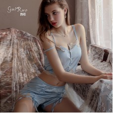 Guiruo Spring/Summer New Suspender Top Fold Drawstring Slim Shorts Lace up Outer Robe Women's Home Furnishing Set 1481