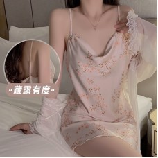 Guiruo Pure Desire Fragmented Flowers, Ice Silk, Pleated Collar, Showing Chest, Light Luxury Sleeping Dress, Mesh Outer Robe, Women's Home Set 3801