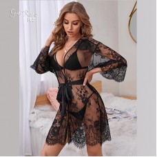 Guiruo Fun Lingerie Hot Perspective Mesh Deep V European and American Foreign Trade Lacing Comfortable Outer Robe Uniform Set 6060