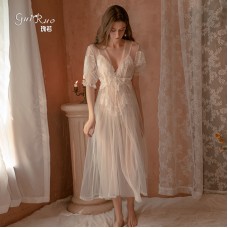 Qiruo Brand Autumn and Winter New Mesh Palace Style Long Pajamas Perspective Temptation Sleeping Skirt Outer Robe Home Furnishing Set