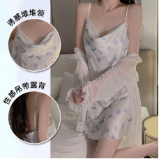 Guiruo Fresh Printed Ice Silk Sexy Pile Neck Open Back Suspended Sleeping Dress Mesh Outer Robe Home Suit Set 3777