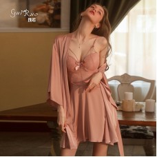 Guiruo Sexy Pajamas Solid Color Backless Temptation Chest Cushion Steel Ring Suspender Sleeping Dress Outer Robe Comfortable Home Set 2044