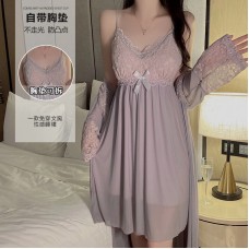 Guiruo Pure Desire Mesh Lace Deep V Chest Cushion Sexy Open Back Suspended Sleeping Dress Open Front Outer Robe Home Set 2241