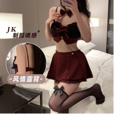 Guiruo Fun Lingerie Solid Color Student Wear Short Pleated Skirt Open Waist Seduction Maidservant Uniform Fury Set 3087