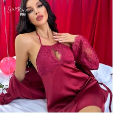 Guiruo Sexy Deep V Hollow Hanging Neck Satin Sleeping Dress Lace up Outer Robe Women's Home Suit Set Amazon 9651