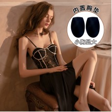 Qiruo Brand Autumn Sexy Lace Perspective Pajamas Women's Satin Chest Cushion Suspender Sleepwear Home Suit 1257