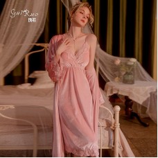 Guiruo Velvet Sexy Open Back Deep V French Chest Cushion Suspender Sleeping Dress Lace Women's Solid Home Suit Set J2823