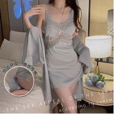 Guiruo Lingerie Sexy Split Jacquard Lace Open Back Satin Pure Desire Sleeping Dress Outer Robe Women's Home Set 1187