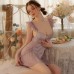 Guiruo Sexy Sweet Deep V Chest Cushion Steel Ring Gathering Satin Mesh Perspective Backless Home Sleeping Dress Set P3119