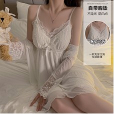 Guiruo Sexy Deep V with Chest Cushion Mesh Lace Pure Desire Backless Sleeping Dress Outer Robe Women's Home Suit Set 2241