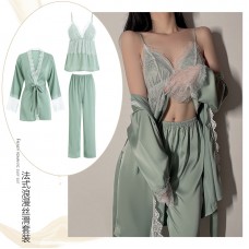 Original and Sexy Deep V Satin Lace Private Room Pajamas by Guiruo Spring and Summer, French Home Furnishing Set for Women 19076