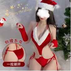 Guiruo Fun Lingerie Velvet Christmas Costume Role Play Deep V Lace Up Bodysuit Sweet Uniform Set 19982