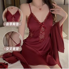 Guiruo Lingerie Satin Perspective Lace and Chest Cushion Cross Back Slim Fit Sleeping Dress Outer Robe Home Suit Set 3616