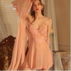 Guiruo Spring/Summer Sexy Mesh Perspective Lace Sweet Chest Cushion Suspender Sleeping Dress Women's Outrobe Home Suit Set 1827