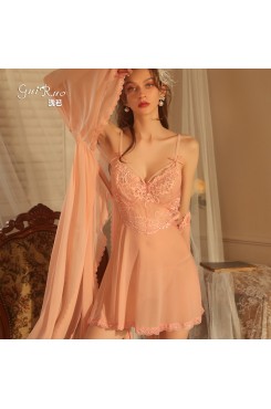 Guiruo Spring/Summer Sexy Mesh Perspective Lace Sweet Chest Cushion Suspender Sleeping Dress Women's Outrobe Home Suit Set 1827