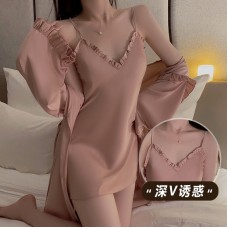 Guiruo Sexy, Comfortable, Sweet Ice Silk Pajamas Simple and Breathable Sling Sleeping Dress Outer Robe Women's Home Furnishing Set 2199