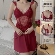 Ruo Ruo Satin Face with Chest Cushion Perspective Lace Deep V Temptation Sweet Flying Sleeves Sexy Backless Homewear Sleepwear J3305