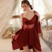 Guiruo Girl Solid Ice Silk Sling Sleeping Dress Pure Desire Mesh Perspective Temptation Sling Sleeping Dress Outer Robe Set 3254