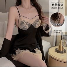 Guiruo Satin Lace Perspective Hollow Out with Chest Cushion Deep V Sexy Backless Nightgown Outrobe Home Suit Set 1048