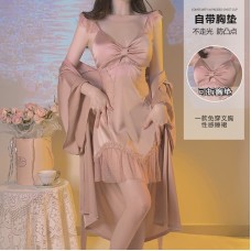 Guiruo Summer Sexy Mesh Perspective Temptation with Chest Cushion Ice Silk Sling Sleeping Dress Outer Robe Home Fur Set 3226