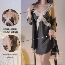 Guiruo Lazy Wind Deep V Lace Satin Face Waist Slim Slim Slim Slim Suspended Sleeping Dress Comfortable Outer Robe Home Suit Set 3789