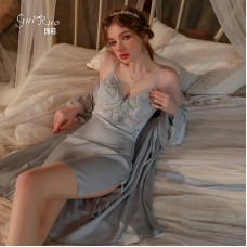 Guiruo Deep V Temptation Backless Lace up Slim Sleepwear Chest Pads Gathered Strap Skirt Outer Robe Home Suit Set J2708