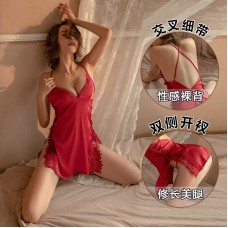 Qiruo Autumn/Winter Solid Satin One Size Pjamas Sexy Deep V Hot Open Back Suspended Sleeping Dress Home Suit Set 550