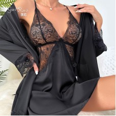 Guiruo European and American Mesh Sexy Perspective Satin Patched Lace Nightgown Outer Robe Women's Home Furnishing Set Foreign Trade 9341