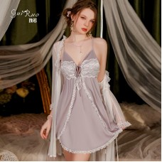 Guiruo Sexy Satin Lace Lace Lace Deep V Chest Cushion Gather Temptation Sleeping Dress Mesh Outer Robe Home Set 3209