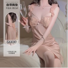 Guiruo Satin Sexy Deep V with Chest Cushion Lace up Open Back Temptation Sleeping Dress Comfortable Outer Robe Home Suit Set J3336