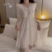 Ruo Ruo satin patchwork lace sexy deep V elastic waist slimming long sleeves can be worn externally on women's home nightgown P2798