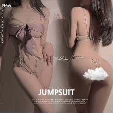 Guiruo Fun Underwear Satin Lace Strap Steel Ring Gathering Perspective Lace Hollow seductive Women's Bodysuit Set 2343