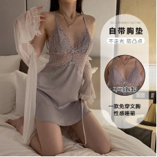 Guiruo Summer Sexy Backless Temptation Lace Perspective with Chest Pads Gathered Strap Sleeping Dress Outer Robe Home Furnishing 3660