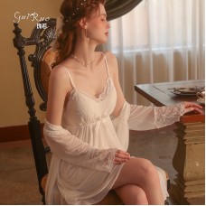 Guiruo Sexy Mesh Perspective Attractive Embroidery Lace and Chest Cushion Sleeping Dress Comfortable Outer Robe Home Suit Set 2241