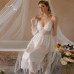 Guiruo Sexy Plus Chest Cushion Long Gathering Pajama Mesh Perspective Sling Dress Outer Robe Home Suit Set J3439