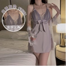 Guiruo Satin Deep V with Chest Pads Embroidered Mesh Spliced Sleeping Skirt Simple and Sweet Outer Robe Home Suit Set 3581