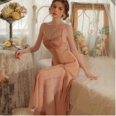 Guiruo Brand's Simple and Comfortable Satin Deep V Lace Chest Cushion Sexy Long Sleeping Dress Temptation Home Sleeping Dress J2792