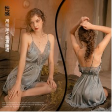 Guiruo Brand's New European and American Women's Sexy Hanging Strap Deep V Satin Nightwear Solid Lace Nightwear Homewear 267