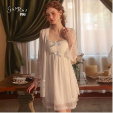 Guiruo Sexy Temptation Mesh Lace Strap Chest Cushion Open Back Suspended Sleeping Dress Casual Outrobe Home Suit Set 2481