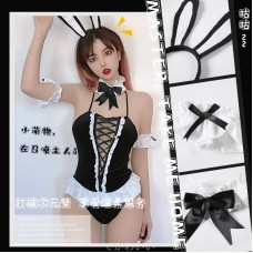 Guiruo Fun Lingerie Women's Secret Buckle Open Band Rabbit Girl Sexy Cross Strap Attractive Neck Hanging Uniform Set 1028