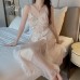 Guiruo Sexy Deep V Butterfly Chest Cup with Cushion Sweet Lace Translucent Satin Nightgown Outer Robe Home Suit W2785