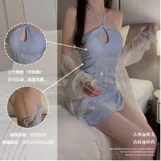 Guiruo Summer Hanging Neck Hollow out Temptation Slim Fit with Chest Pads Gathered Strap Sleeping Dress Outer Robe Home Suit Set 3417