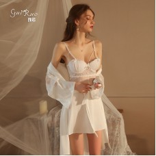 Guiruo Sexy Steel Ring Gathering Pajama Lace Perspective Attractive Backless Chest Cushion Suspended Dress Home Suit Set 1709