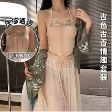 Guiruo Fun Underwear Pure Desire Hanfu Women's Mesh Perspective Attractive Belly Pocket Split Skirt Classic Uniform Set 3043