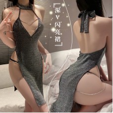 Guiruo Pure Desire Deep V Neck Hanging Bright Sparkling Fine Chain Charming Hollow Back Fun Nightclub Nightwear Uniform Set 2577