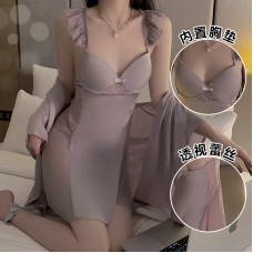 Guiruo Sexy Open Back with Chest Cushion Steel Ring Gathering Light Luxury Satin Nightgown Outer Robe Women's Home Set P3119