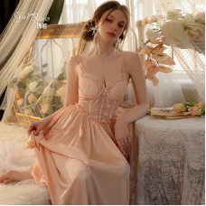 Guiruo Sexy Deep V Chest Cushion Steel Ring Gathering Perspective Lace Satin Suspended Sleeping Dress Women's Home Set J2987