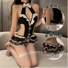 Guiruo Sexy Hanging Neck Hip Length Short Dress COS Maid Open Crotch Free Role Playing Fun Uniform Set 2980