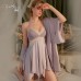 Guiruo Sexy Deep V Satin Lace Pure Desire Open Back Lace Seduction Sleeping Dress Outer Robe Women's Home Set 3423