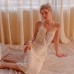 Guiruo French Velvet Sexy Open Back Hollow out Temptation Hanging Neck Strap Long Sleeping Dress Home Suit Set P2872